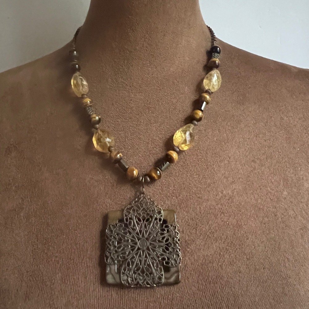 Tigers Eye Citrine Filigree Tree of Life Statement Necklace 20 In Size 20"